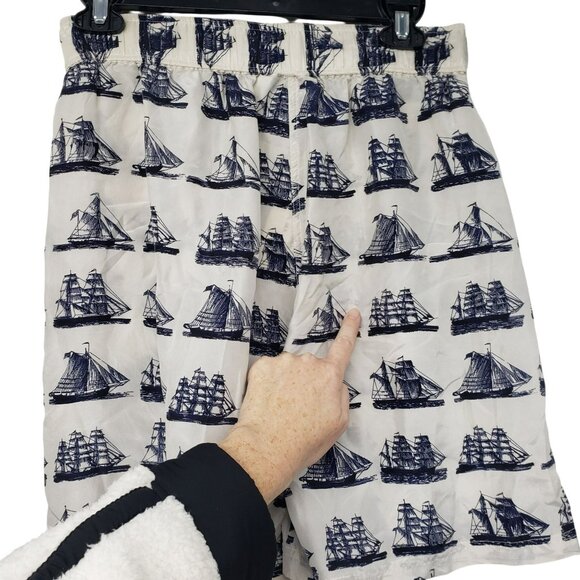 Vintage Whistles White Blue Nautical Sailboat Toile Print Silk Blouse Shorts Set - Picture 5 of 16